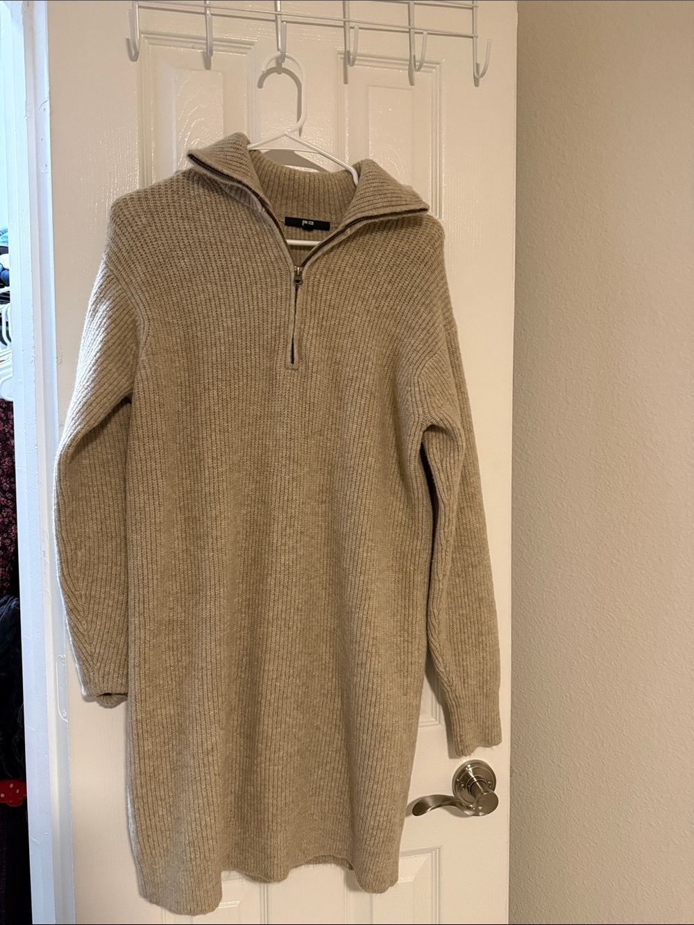 Uniqlo Beige Half-Zip Ribbed Knit Turtleneck Sweater Dress